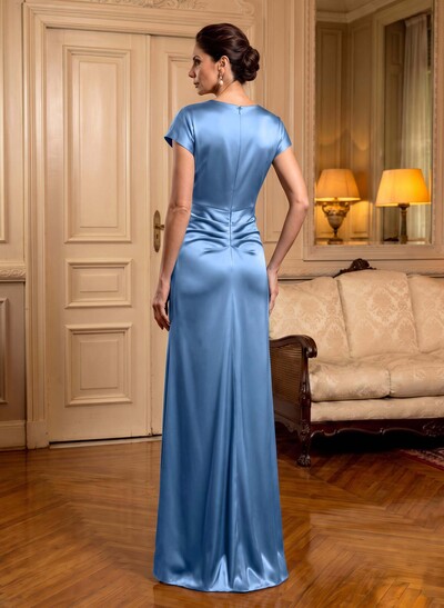 Trumpet/Mermaid Cowl Neck Short Sleeves Floor-Length Silk Like Satin Mother Of The Bride Dresses With High Split