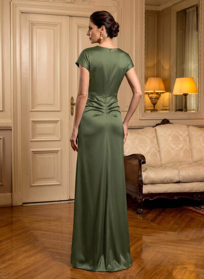 Trumpet/Mermaid Cowl Neck Short Sleeves Floor-Length Silk Like Satin Mother Of The Bride Dresses With High Split