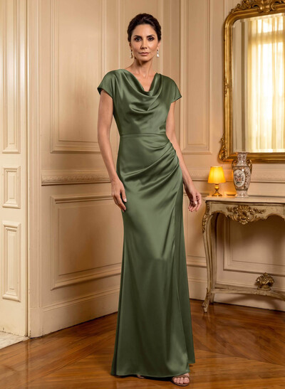 Trumpet/Mermaid Cowl Neck Short Sleeves Floor-Length Silk Like Satin Mother Of The Bride Dresses With High Split