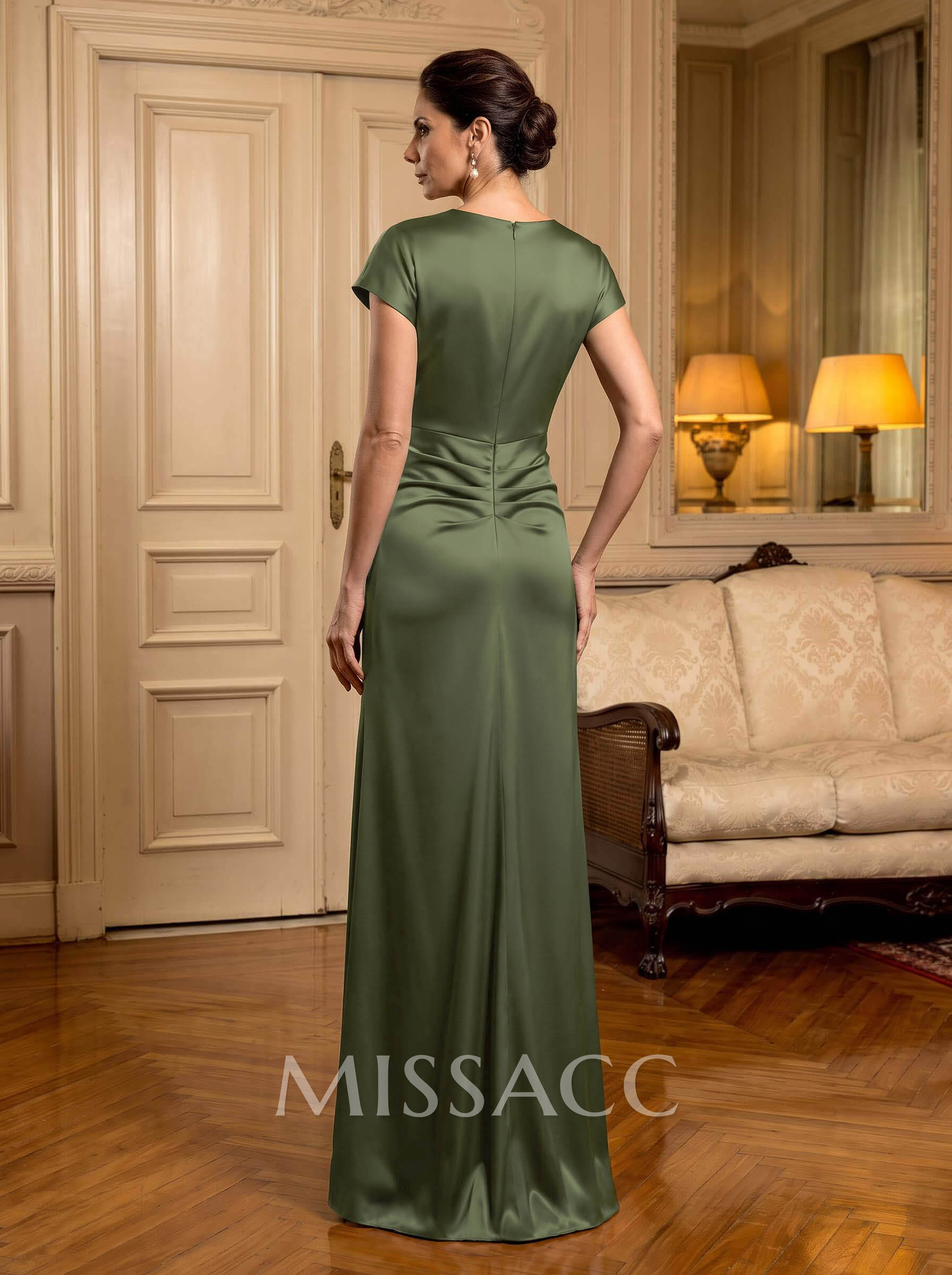 Trumpet/Mermaid Cowl Neck Short Sleeves Floor-Length Silk Like Satin Mother Of The Bride Dresses With High Split Trumpet/Mermaid Cowl Neck Short Sleeves Floor-Length Silk Like Satin Mother Of The Bride Dresses With High Split