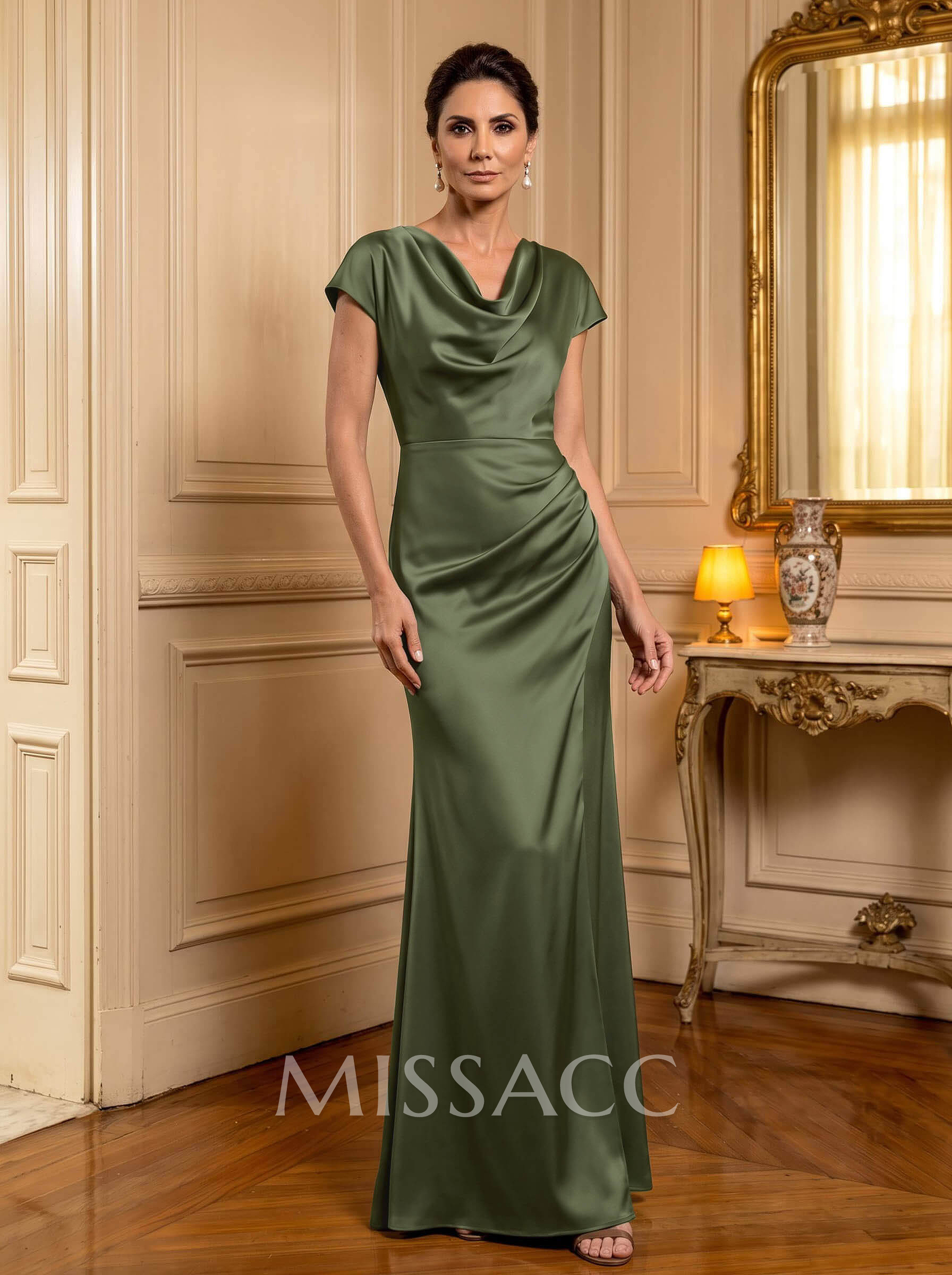 Trumpet/Mermaid Cowl Neck Short Sleeves Floor-Length Silk Like Satin Mother Of The Bride Dresses With High Split Trumpet/Mermaid Cowl Neck Short Sleeves Floor-Length Silk Like Satin Mother Of The Bride Dresses With High Split