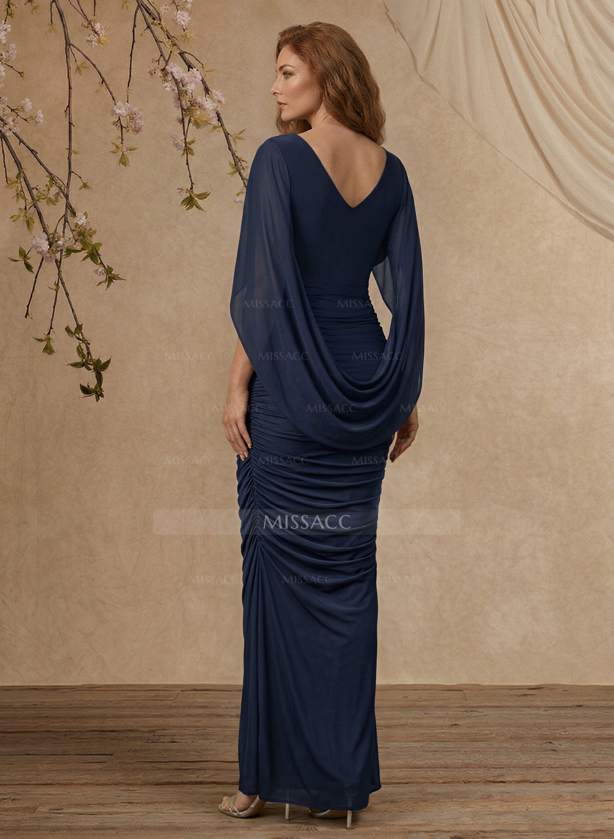 Trumpet/Mermaid V-Neck Cape Sleeves Floor-Length Jersey Mother Of The Bride Dresses With Pleated