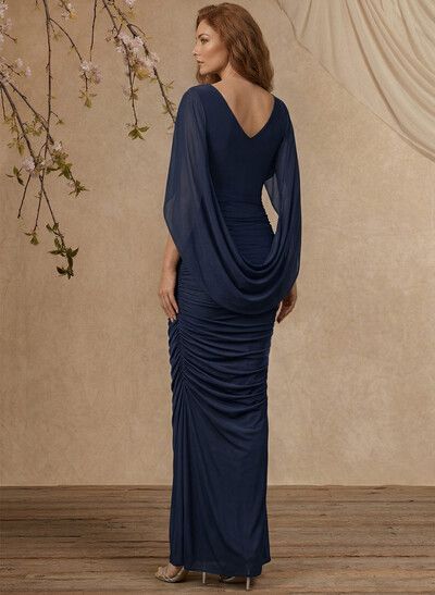 Trumpet/Mermaid V-Neck Cape Sleeves Floor-Length Jersey Mother Of The Bride Dresses With Pleated
