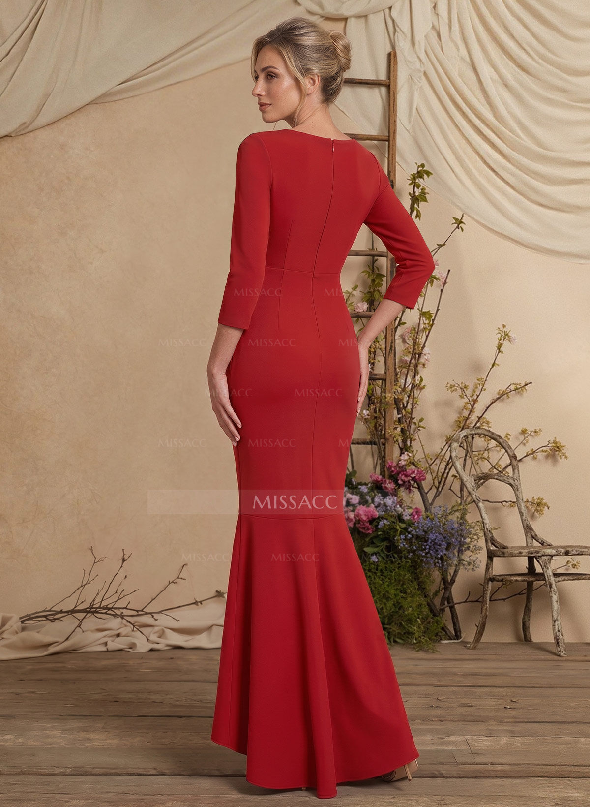 Trumpet/Mermaid V-Neck 3/4 Sleeves Floor-Length Elastic Satin Mother Of The Bride Dresses With Ruffle/High Split