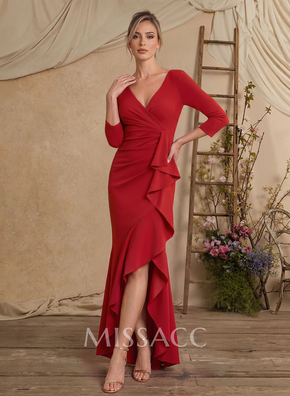 Trumpet/Mermaid V-Neck 3/4 Sleeves Floor-Length Elastic Satin Mother Of The Bride Dresses With Ruffle/High Split Trumpet/Mermaid V-Neck 3/4 Sleeves Floor-Length Elastic Satin Mother Of The Bride Dresses With Ruffle/High Split