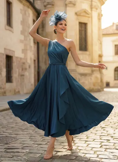 A-Line One-Shoulder Sleeveless Ankle-Length Crepe Satin Mother Of The Bride Dresses