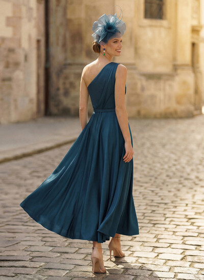A-Line One-Shoulder Sleeveless Ankle-Length Crepe Satin Mother Of The Bride Dresses