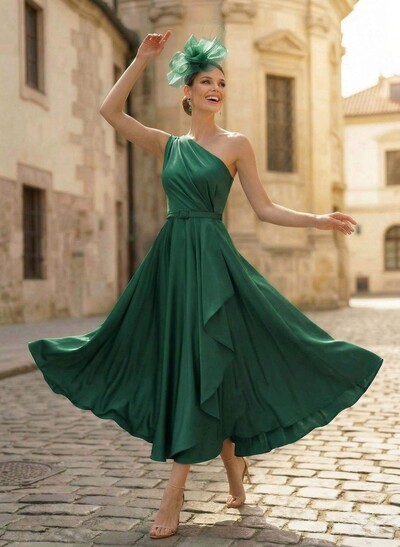A-Line One-Shoulder Sleeveless Ankle-Length Crepe Satin Mother Of The Bride Dresses