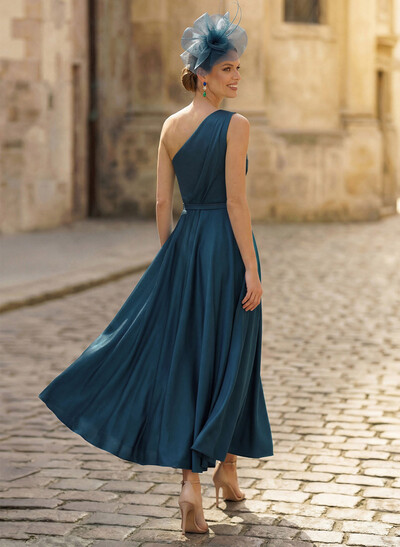 A-Line One-Shoulder Sleeveless Ankle-Length Crepe Satin Mother Of The Bride Dresses