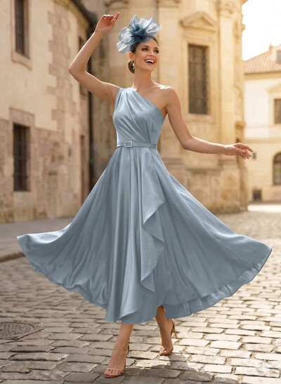 A-Line One-Shoulder Sleeveless Ankle-Length Crepe Satin Mother Of The Bride Dresses