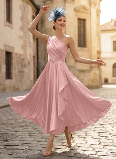 A-Line One-Shoulder Sleeveless Ankle-Length Crepe Satin Mother Of The Bride Dresses
