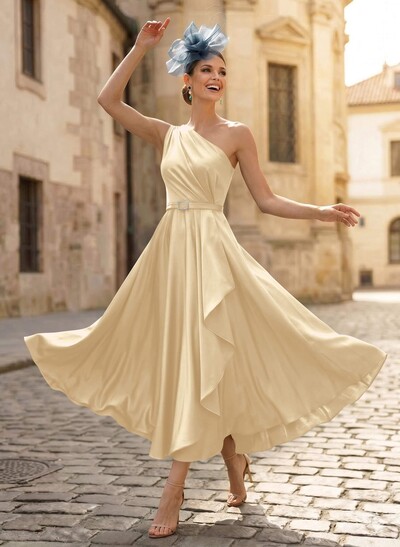 A-Line One-Shoulder Sleeveless Ankle-Length Crepe Satin Mother Of The Bride Dresses