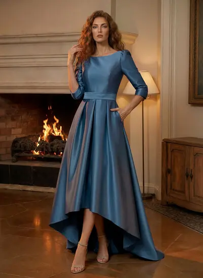 A-Line Scoop Neck 3/4 Sleeves Sweep Train Satin Mother Of The Bride Dresses