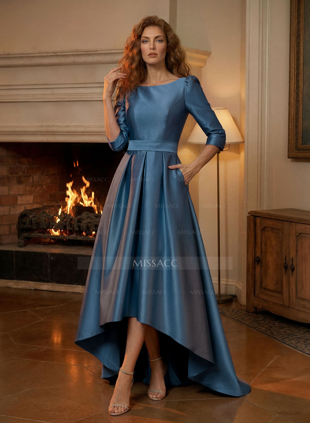 A-Line Scoop Neck 3/4 Sleeves Sweep Train Satin Mother Of The Bride Dresses