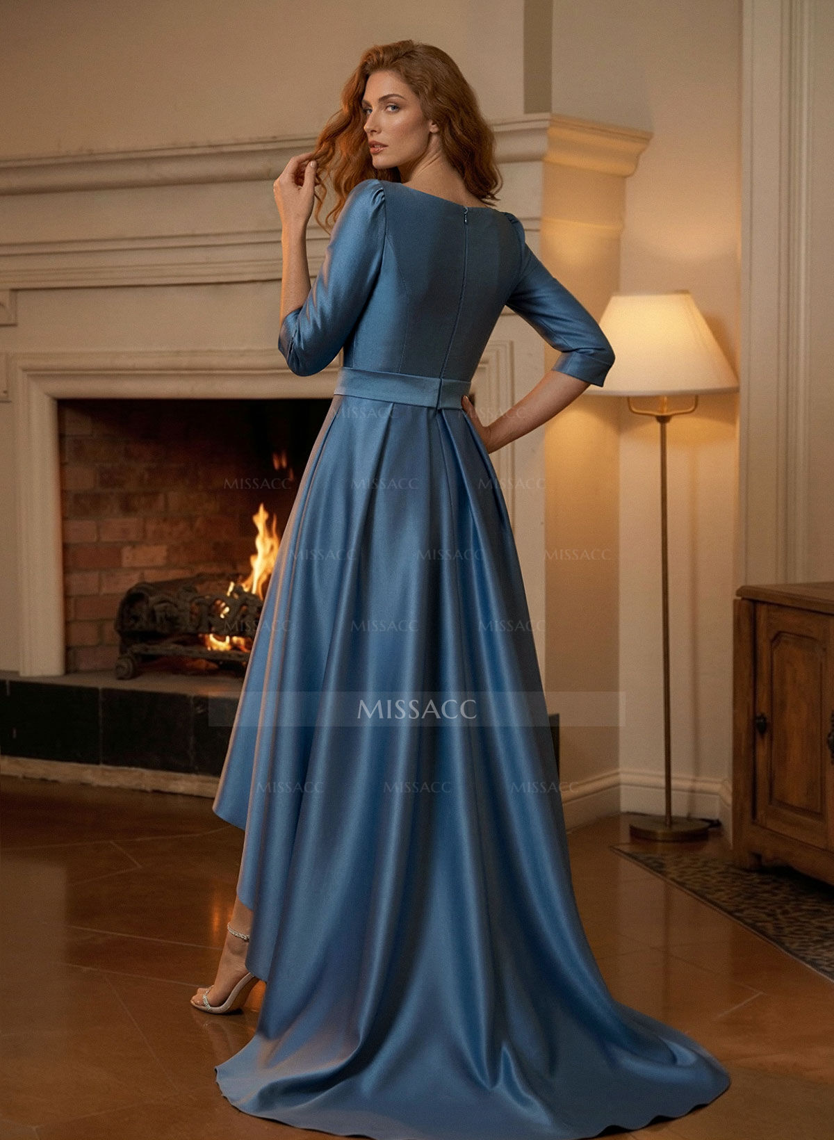 A-Line Scoop Neck 3/4 Sleeves Sweep Train Satin Mother Of The Bride Dresses