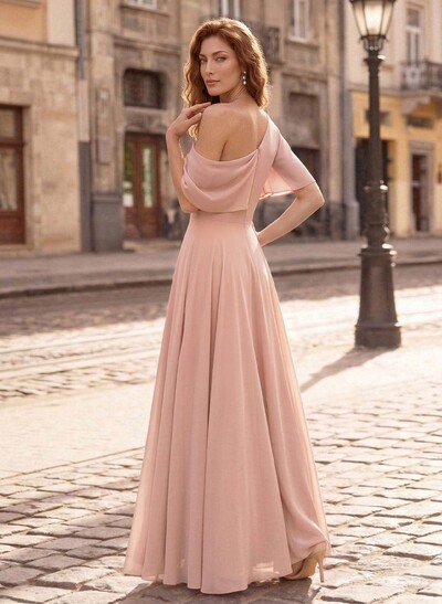 A-Line Asymmetrical Short Sleeves Floor-Length Chiffon Mother Of The Bride Dresses
