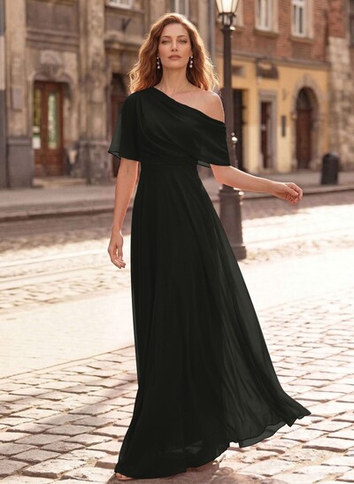 A-Line Asymmetrical Short Sleeves Floor-Length Chiffon Mother Of The Bride Dresses