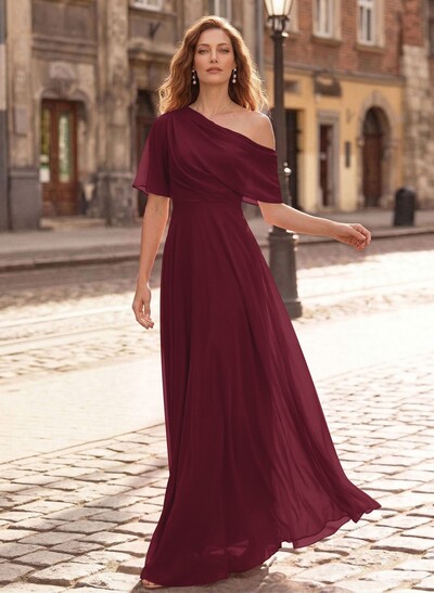 A-Line Asymmetrical Short Sleeves Floor-Length Chiffon Evening Dresses