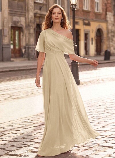 A-Line Asymmetrical Short Sleeves Floor-Length Chiffon Mother Of The Bride Dresses