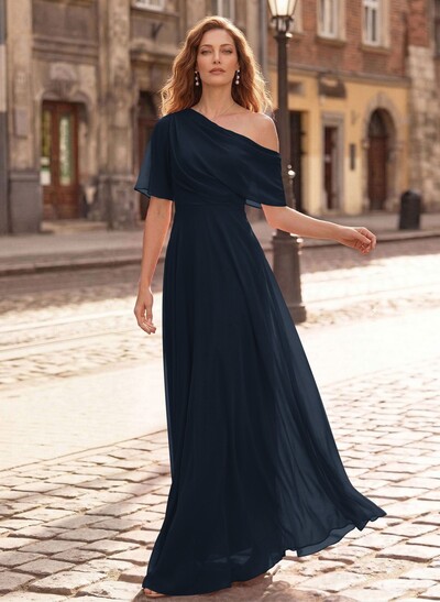 A-Line Asymmetrical Short Sleeves Floor-Length Chiffon Mother Of The Bride Dresses