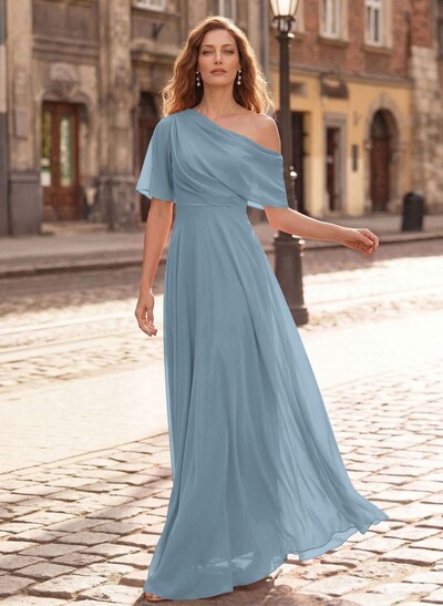 A-Line Asymmetrical Short Sleeves Floor-Length Chiffon Mother Of The Bride Dresses