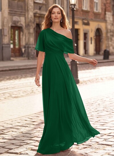 A-Line Asymmetrical Short Sleeves Floor-Length Chiffon Mother Of The Bride Dresses