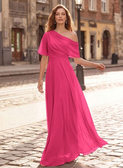 A-Line Asymmetrical Short Sleeves Floor-Length Chiffon Mother Of The Bride Dresses