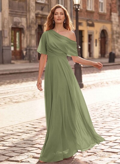 A-Line Asymmetrical Short Sleeves Floor-Length Chiffon Evening Dresses