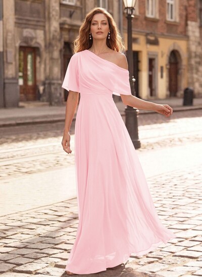 A-Line Asymmetrical Short Sleeves Floor-Length Chiffon Mother Of The Bride Dresses
