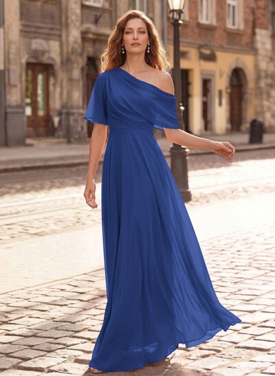 A-Line Asymmetrical Short Sleeves Floor-Length Chiffon Mother Of The Bride Dresses