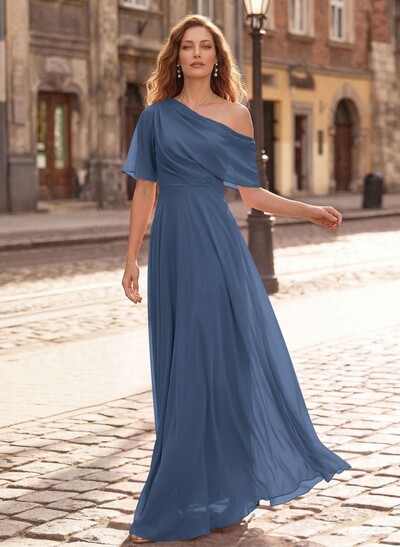 A-Line Asymmetrical Short Sleeves Floor-Length Chiffon Mother Of The Bride Dresses