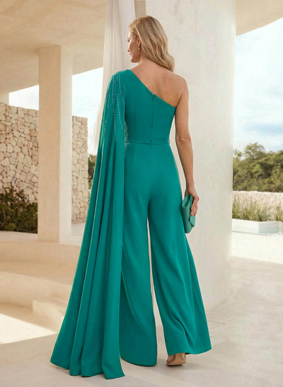 Jumpsuit/Pantsuit One-Shoulder Sleeveless Floor-Length Elastic Satin Mother Of The Bride Dresses With Sweeping Side Drape