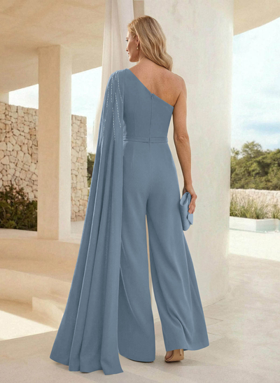 Jumpsuit/Pantsuit One-Shoulder Sleeveless Floor-Length Elastic Satin Mother Of The Bride Dresses With Sweeping Side Drape