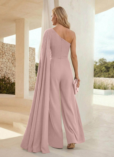 Jumpsuit/Pantsuit One-Shoulder Sleeveless Floor-Length Elastic Satin Mother Of The Bride Dresses With Sweeping Side Drape