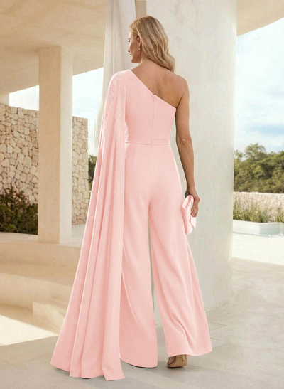 Jumpsuit/Pantsuit One-Shoulder Sleeveless Floor-Length Elastic Satin Mother Of The Bride Dresses With Sweeping Side Drape