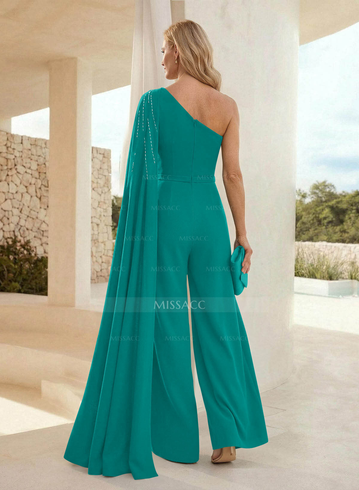 Jumpsuit/Pantsuit One-Shoulder Sleeveless Floor-Length Elastic Satin Mother Of The Bride Dresses With Sweeping Side Drape