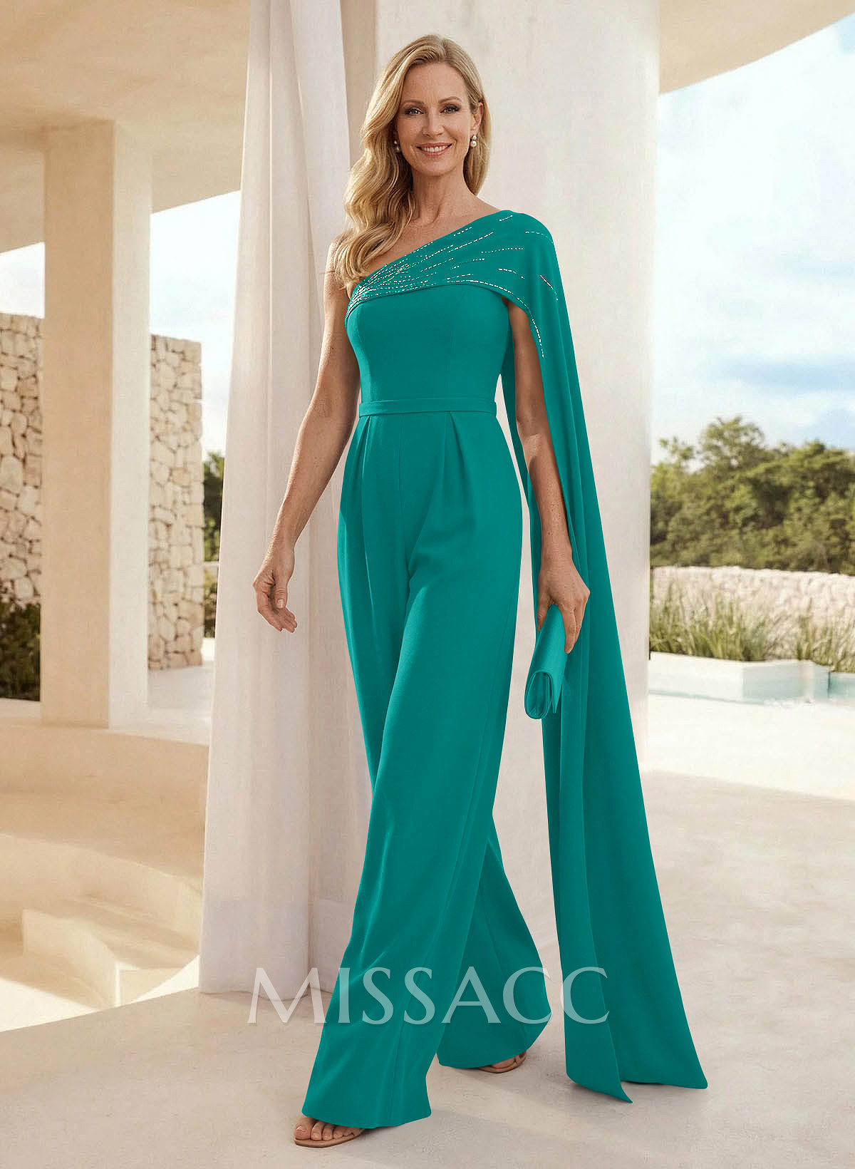Jumpsuit/Pantsuit One-Shoulder Sleeveless Floor-Length Elastic Satin Mother Of The Bride Dresses With Sweeping Side Drape