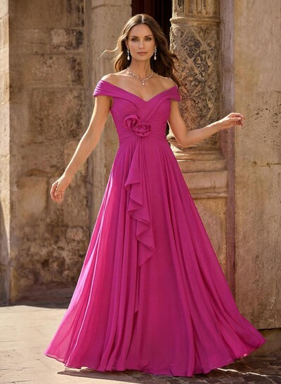 A-Line Off-The-Shoulder Sleeveless Floor-Length Chiffon Mother Of The Bride Dresses With Flower(s)