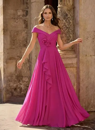A-Line Off-The-Shoulder Sleeveless Floor-Length Chiffon Mother Of The Bride Dresses With Flower(s)