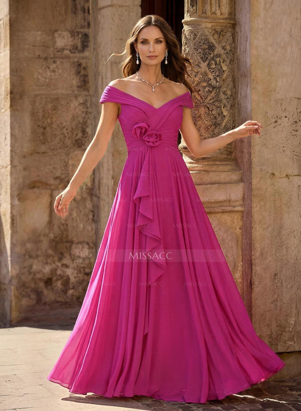 A-Line Off-The-Shoulder Sleeveless Floor-Length Chiffon Mother Of The Bride Dresses With Flower(s)