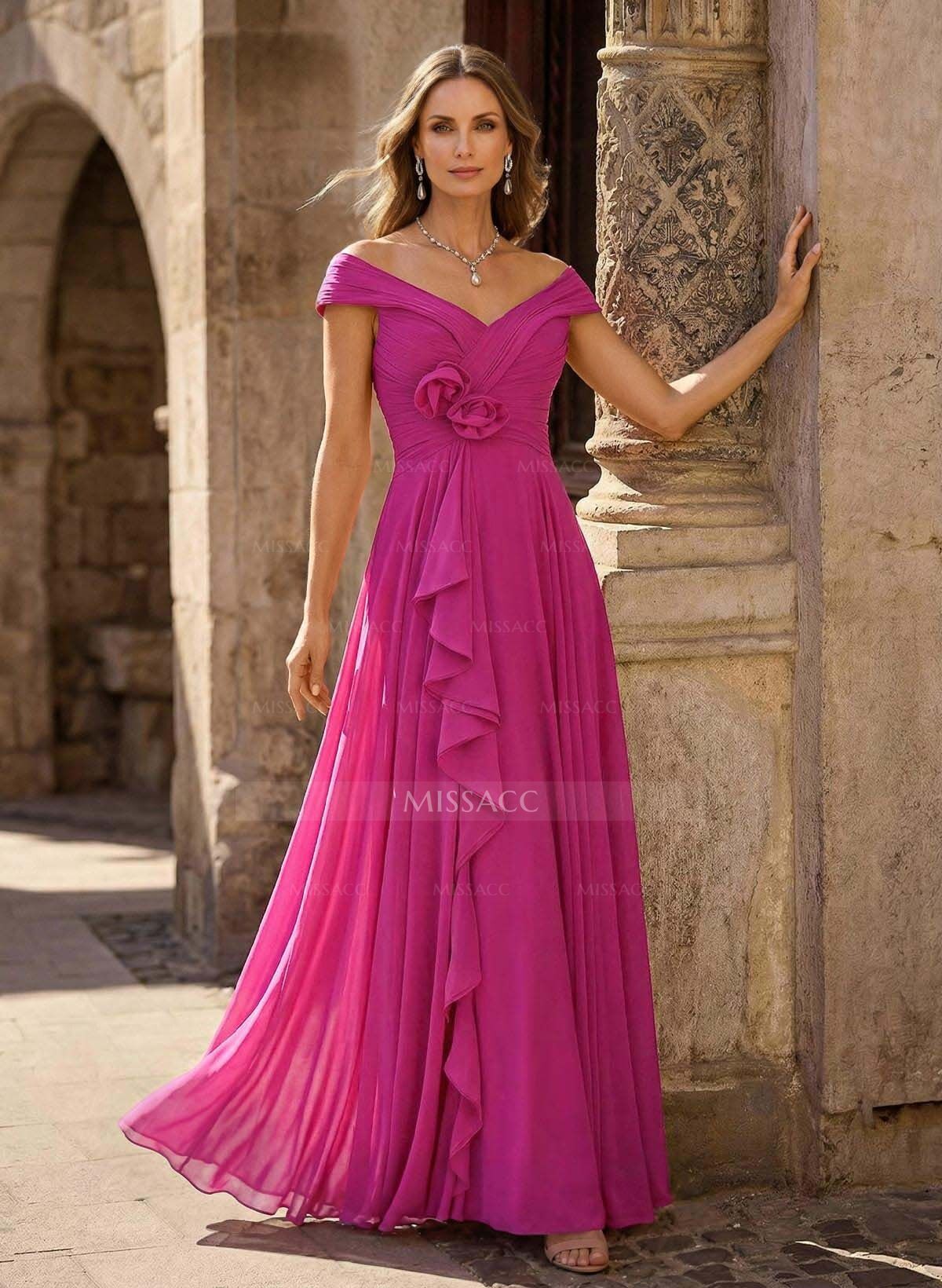 A-Line Off-The-Shoulder Sleeveless Floor-Length Chiffon Mother Of The Bride Dresses With Flower(s)