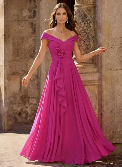 A-Line Off-The-Shoulder Sleeveless Floor-Length Chiffon Mother Of The Bride Dresses With Flower(s)