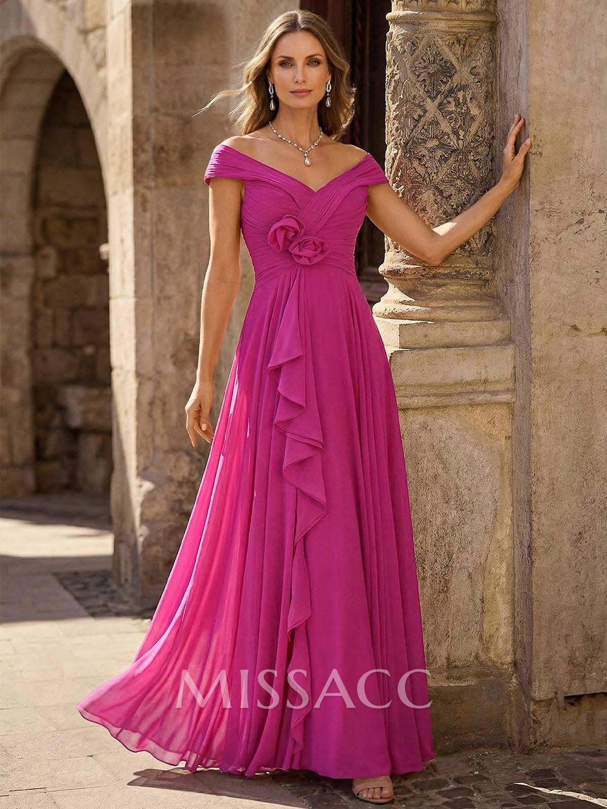 A-Line Off-The-Shoulder Sleeveless Floor-Length Chiffon Mother Of The Bride Dresses With Flower(s) A-Line Off-The-Shoulder Sleeveless Floor-Length Chiffon Mother Of The Bride Dresses With Flower(s)