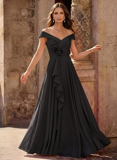 A-Line Off-The-Shoulder Sleeveless Floor-Length Chiffon Mother Of The Bride Dresses With Flower(s)