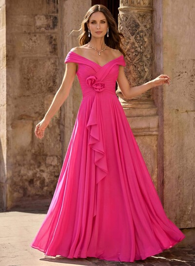 A-Line Off-The-Shoulder Sleeveless Floor-Length Chiffon Mother Of The Bride Dresses With Flower(s)