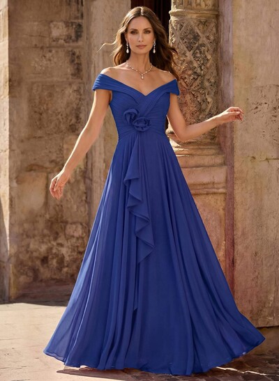 A-Line Off-The-Shoulder Sleeveless Floor-Length Chiffon Mother Of The Bride Dresses With Flower(s)