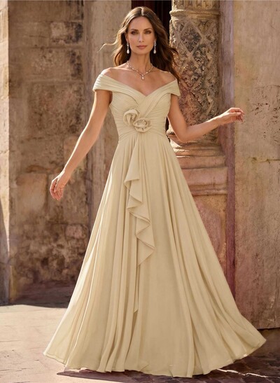 A-Line Off-The-Shoulder Sleeveless Floor-Length Chiffon Mother Of The Bride Dresses With Flower(s)