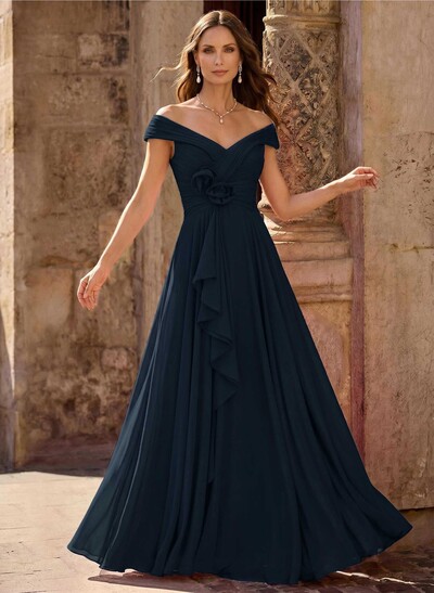 A-Line Off-The-Shoulder Sleeveless Floor-Length Chiffon Mother Of The Bride Dresses With Flower(s)