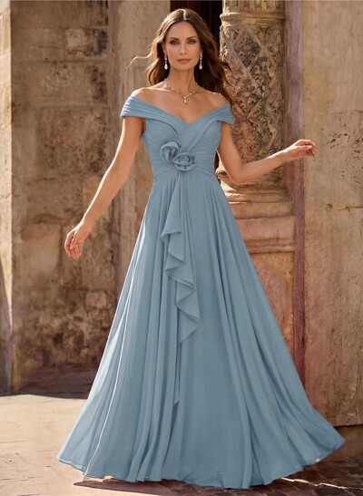 A-Line Off-The-Shoulder Sleeveless Floor-Length Chiffon Mother Of The Bride Dresses With Flower(s)