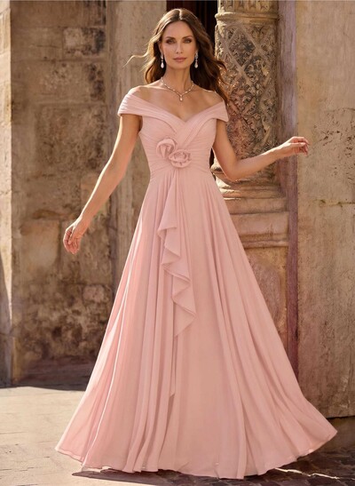 A-Line Off-The-Shoulder Sleeveless Floor-Length Chiffon Mother Of The Bride Dresses With Flower(s)
